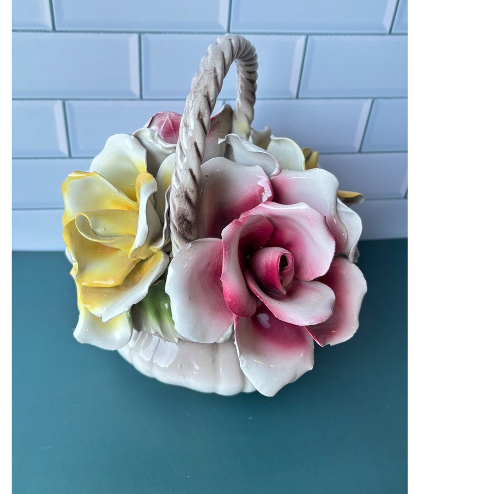 Capodimonte Italian Porcelain Flower Basket Pink Yellow Roses Vintage 7 Inch